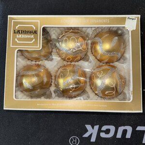 6 Vtg Lanissa Glass Christmas Ornaments Gold, Box, 3"